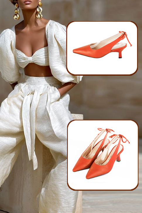 Dress slingback heels in clementine orange leather with medium spool heels and pointed toe - Worn view